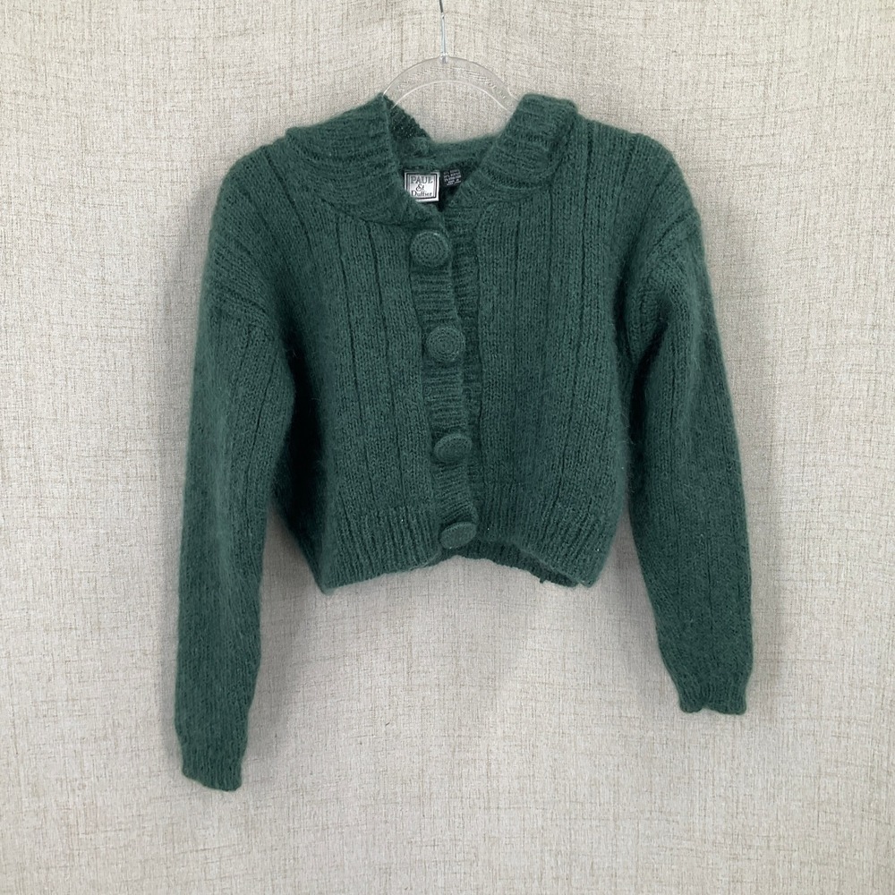 Paul Et Duffier Cardigan Kids S Green Hooded Fuzzy Cropped Ribbed Vintage